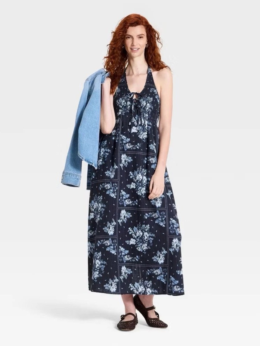 Navy Blue Floral Halter Maxi Dress with Tie Neck
